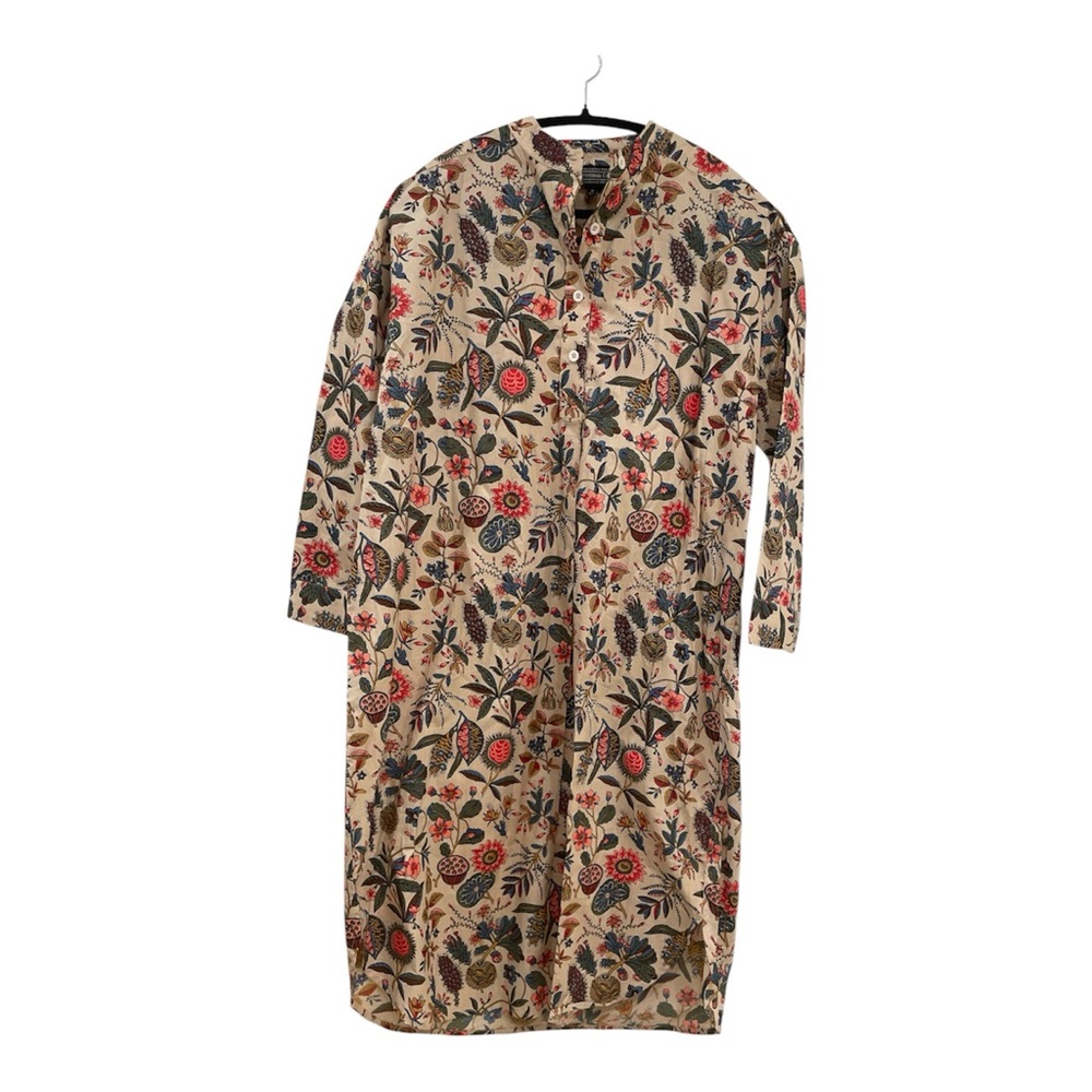 J. Peterman Tan Floral Print Maxi Long Sleeve Caftan Dress